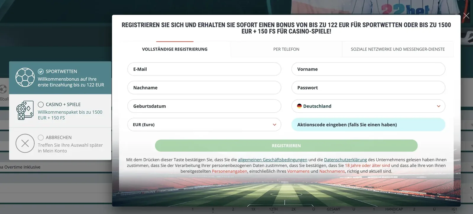 Registrierung – 22Bet