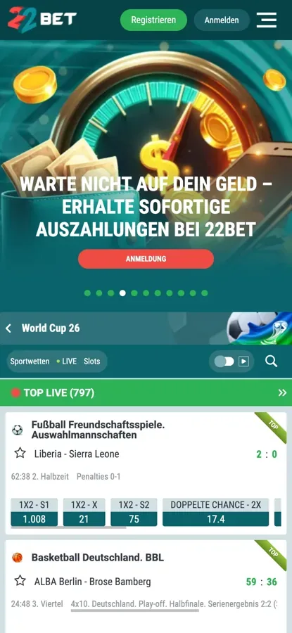 22Bet App auf dem Smartphone